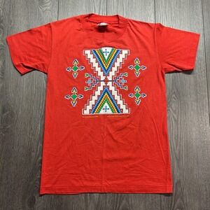 Vintage 1991 Tyrone Stewart Small Beaded Tobacco Bag Design T-Shirt Red Art